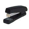 A black stapler with a metal staple pusher and crimp area.