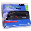 A black Swingline brand portable electric stapler in blue packaging.