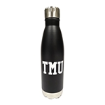 A matte black stainless steel water bottle with silver lid and bottom. The Ryerson University crest in silver appears on the centre of the water bottle.