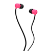 A pair of pink and black Skullcandy brand earbuds with skull detail.
