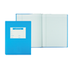 A bright blue lab book with lined paper pages.