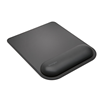 A black Kensington brand mouse pad with gel wrist rest.