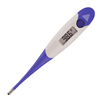 A blue and white nine second digital thermometer with a grey display screen.