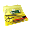 A dissecting kit with multiple tools in a yellow vinyl case.