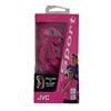 A pair of pink JVC headphones in pink packaging showing two people running.