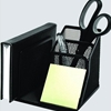 A holder with a black mesh wire metal design and 5 sections for organizing documents and letters with dimensions of 5-3/4"W x 5-1/4"D x 5"H