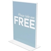 A clear transparent stand up double-sided sign holder that allows front and back display with dimensions of 8-1/2"W x 11"H