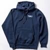 Navy pullover fleece hoodie is printed on both sides: a small "TMU" logo on the front left chest, and a large white corporate "Toronto Metropolitan University" logo on the back.