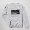 A grey pullover fleece crew neck sweatshirt features the "Toronto Metropolitan University" university logo, printed front & centre in black.