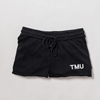 Black fleece sweat shorts feature "TMU" on the left leg, printed in white