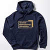 A navy pullover fleece hoodie features the "Toronto Metropolitan University" corporate logo, embroidered in gold metallic thread, front and centre.