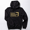 A black pullover fleece hoodie features the "Toronto Metropolitan University" corporate logo, embroidered in gold metallic thread, front and centre.