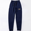 A navy fleece sweatpants features "TMU" on the left hip, embroidered with gold metallic thread.