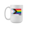 11oz ceramic mug which features the Pride Progress Flag with TMU in black.