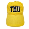 A yellow ballcap with an adjustable back closure, and embroidered varsity "TMU" logo centred on the front.