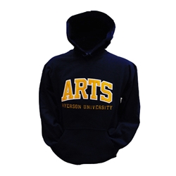 A long sleeved, navy blue hoodie. Gold Arts text embroidered on centre of chest with embroidered Ryerson University appearing below.