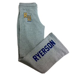 A grey sweatpants. RU appears in gold text appears on the right upper leg and Ryerson in blue text appears on the lower left leg