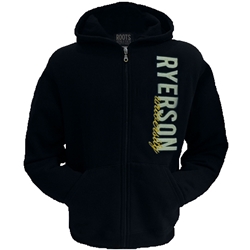 A black full zip hoodie. Ryerson white text and University gold text appears vertically on the right side of the chest.