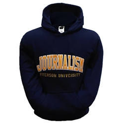 A long sleeved, navy blue hoodie. Gold Journalism text embroidered on centre of chest with embroidered Ryerson University appearing below.