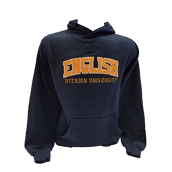 A long sleeved, navy blue hoodie. Gold English text embroidered on centre of chest with embroidered Ryerson University appearing below.
