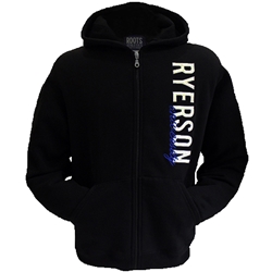A men's black full zip Roots brand hoodie. Ryerson University text in white and blue appears vertically on the right hand side of the chest.