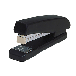 A black stapler with a metal staple pusher and crimp area.