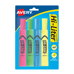 A four pack of Hi-Liter brand highlighters. Highlighters come in yellow, green, blue and pink.