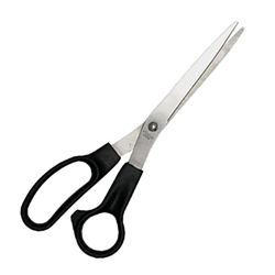 A pair of scissors with black plastic grips.