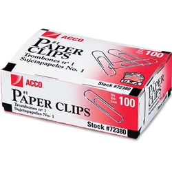 A red and white package of 100 ACCO brand paperclips.