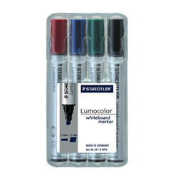 A four pack of Staedtler brand whiteboard markers in red, blue, green and black.
