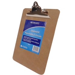 A brown Wescott brand clipboard with metal clip at the top.
