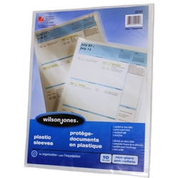 A package of 10 Wilson Jones brand transparent plastic folder sleeves.
