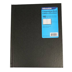 A black Winnable brand composition book with black cover and 192 blank white pages.