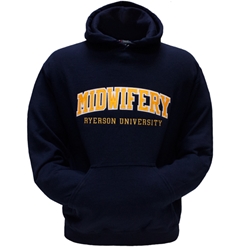 A long sleeved, navy blue hoodie. Gold Midwifery text embroidered on centre of chest with embroidered Ryerson University appearing below.