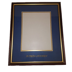 A vertical dark brown and brass certificate frame with a blue background insert and brass trim around the certificate placement. Ryerson University text appears in gold on the centre bottom of the blue background insert.