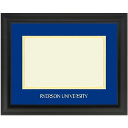 A black diploma frame with a blue background insert and gold trim around the degree placement. Ryerson University text appears in gold on the centre bottom of the blue background insert.