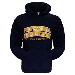 A long sleeved, navy blue hoodie. Gold Professional Communication text embroidered on centre of chest with embroidered Ryerson University appearing below.