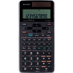 A black Sharp EL-546 scientific calculator with an equation on the display screen.