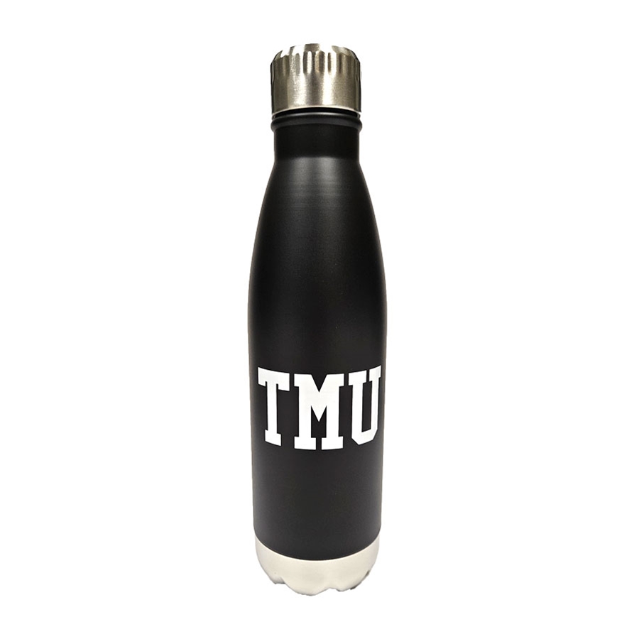 A matte black stainless steel water bottle with silver lid and bottom. The Ryerson University crest in silver appears on the centre of the water bottle.