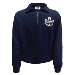 A navy blue, quarter zip long sleeved Roots brand polo. Ryerson University est. 1948 appears in white on the top right of the chest.