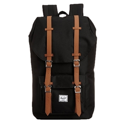 A black Herschel backpack with brown leather details. Front pocket has the Herschel logo embroidered in white and black in the centre.
