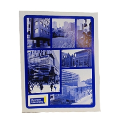 Package of two Ryerson branded folders with Ryerson logo in bottom left front cover. Folder cover displays photos of Ryerson buildings coloured blue.