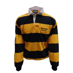 A long sleeved, white collared shirt with wide yellow and black horizontal stripes. Ryerson University text embroidered on the right side of the chest.