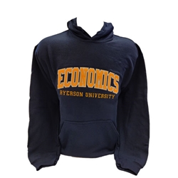 A long sleeved, navy blue hoodie. Gold Economics text embroidered on centre of chest with embroidered Ryerson University appearing below.
