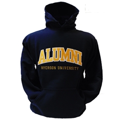 A navy blue long sleeved hoodie. Alumni and Ryerson University white and yellow text embroidered on the centre of the chest.