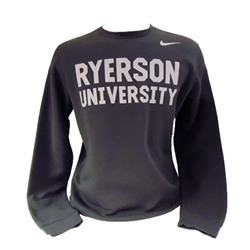 A dark grey fleece crewneck sweater. Ryerson University white text embroidered on the centre of the chest. A white Nike swoop appears on the top right of the chest.