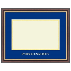 A brown diploma frame with a blue background insert and gold trim around the degree placement. Ryerson University text appears in gold on the centre bottom of the blue background insert.