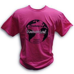 A dark pink crewneck t-shirt with an image of globe and the text Kindness is Universal. The Ryerson University logo appears at the bottom of the globe.