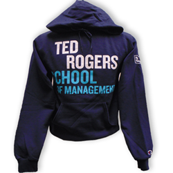 A navy blue hoodie. Ted Rogers School of Management white and teal text embroidered on the centre of the chest.