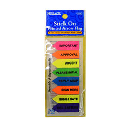 A pack of Bazic brand stick on printed arrow flags in pink, organge, green, blue and purple.